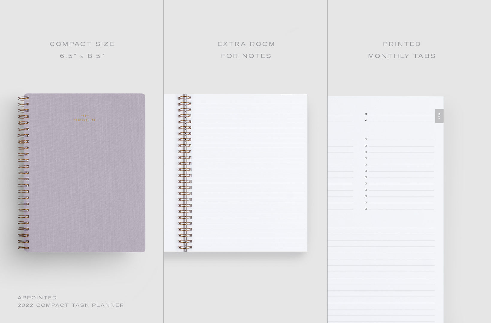 A 3-part image shows details of the 2022 Compact Task Planner including compact size, extra room for notes, and printed monthly tabs