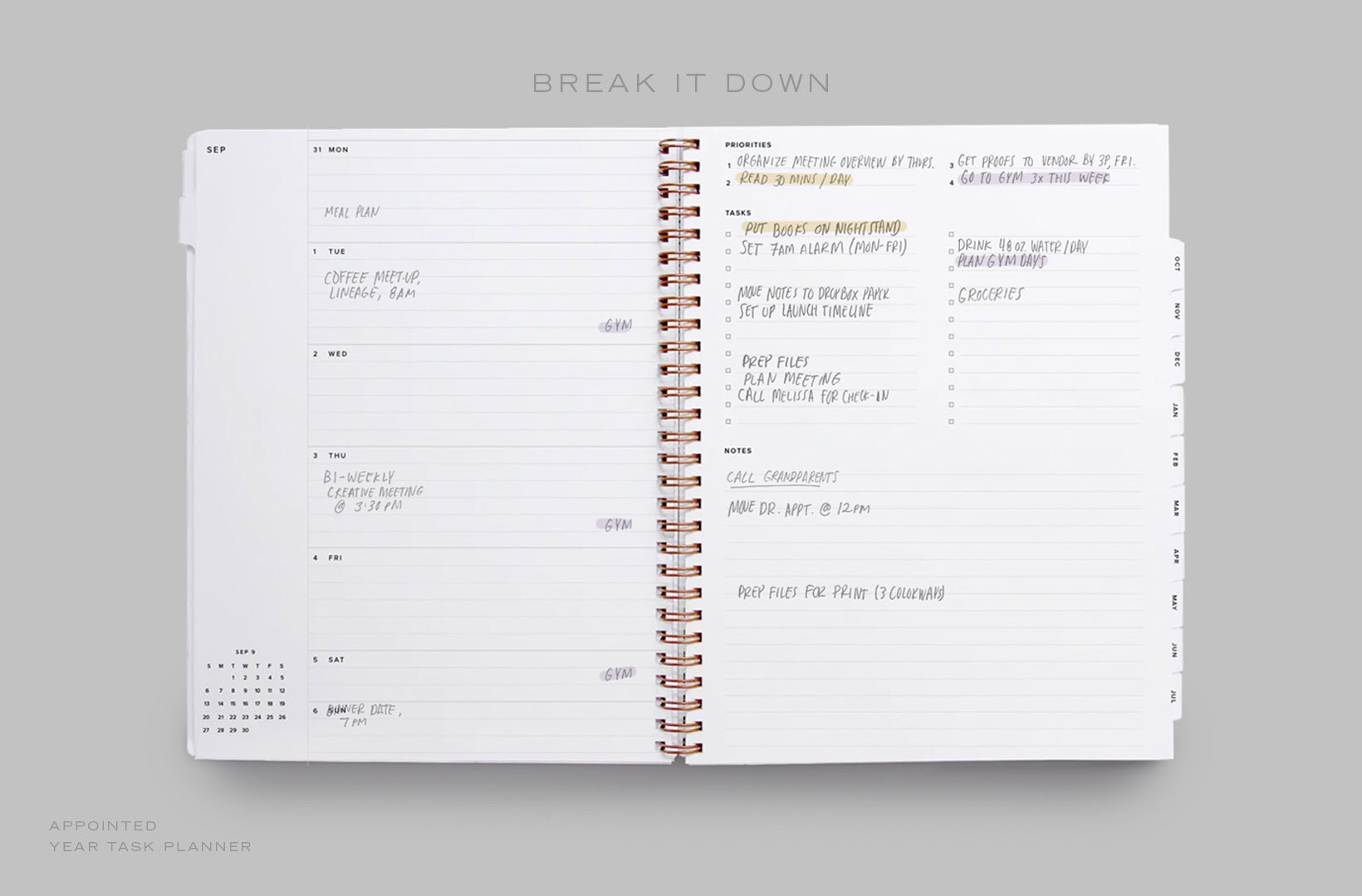 A Year Task Planner lies open to the weekly spread, with priorities, tasks, and schedule filled in