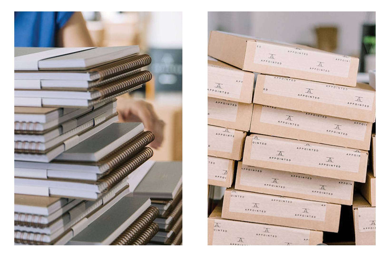 A stack of wire-o notebooks prepare to be packed & shipped : a stack of Appointed-branded boxes in our Ivy City studio