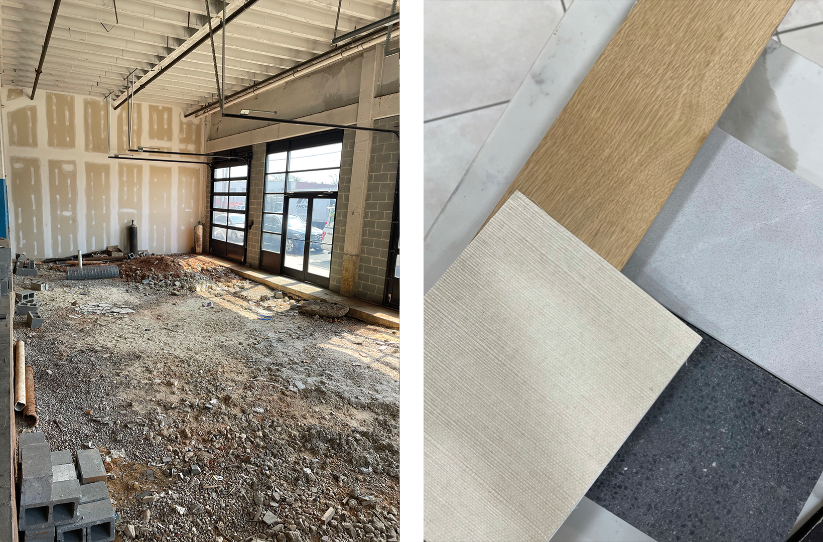 Left: The Appointed District Shop space under construction; Right: Materials sourced for the Appointed District Shop