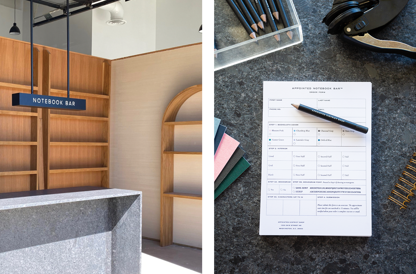 Left: A sneak peak at the Appointed District Shop displays & interior; Right: The Notebook Bar™ order form with sample materials on display
