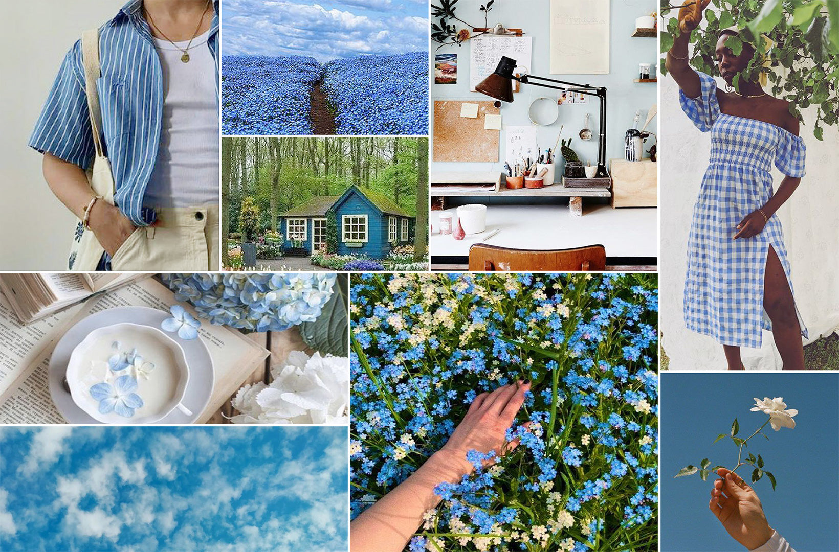 A collage of Atlas Blue inspiration images shoes a blue sky, filed of flowers, blue gingham and denim, and wooded scenes.