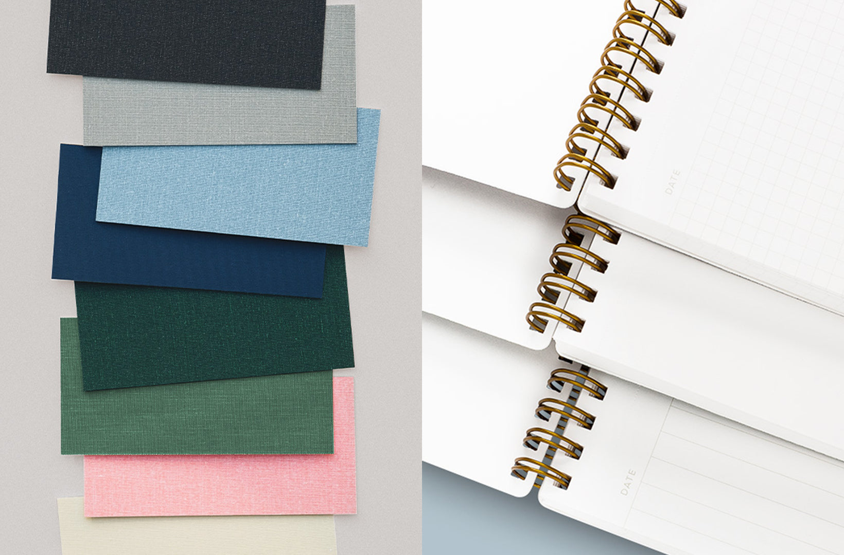 A side-by-side image shows Appointed bookcloth square swatches in varying colors on the left, and three stacked open notebooks with brass wire-o binding that display the interior lined, grid, and blank options.