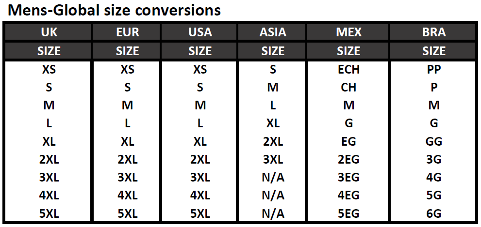 Mens Global Size Conversions