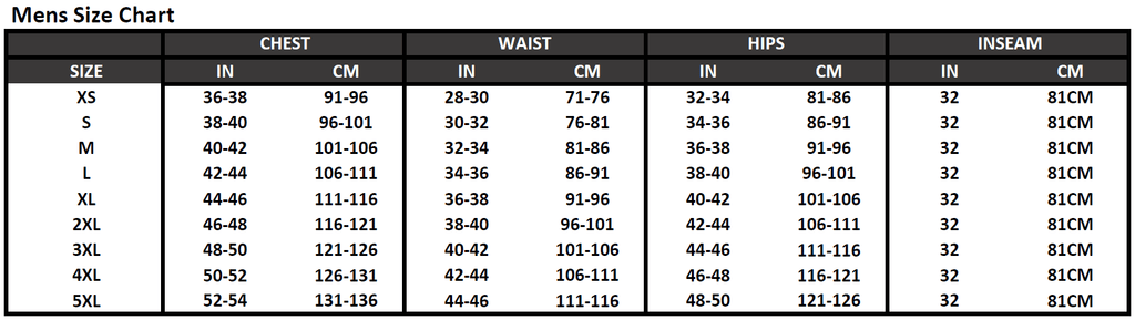 Mens Size Charts - General