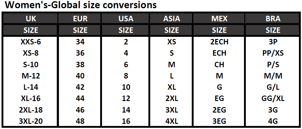 Womens Size Global Conversion Charts Clothing - Official McLaren x Castore Clothing | Official McLaren Store