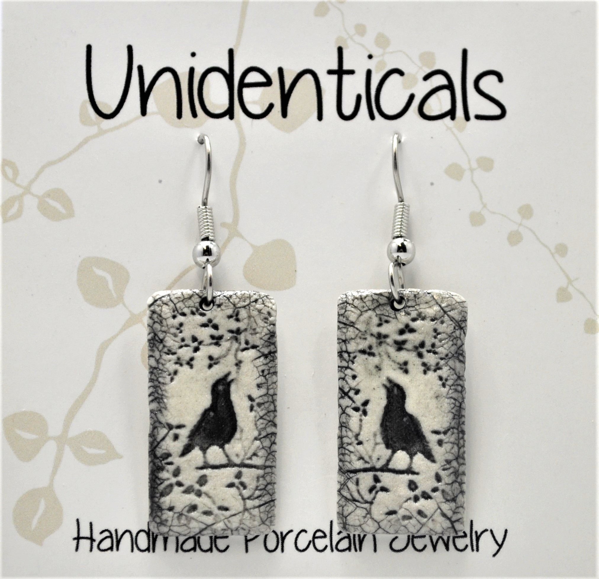 Earrings, Crow on a vine, bird, fired, handmade USA