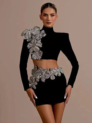 Women's Heavy Industry Nail Bead Flower Short Skirt Set - SEVECHI 