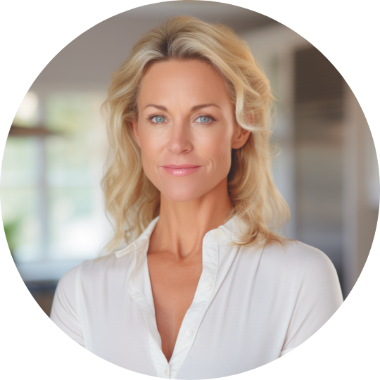 Portrait of a smiling woman with blond hair wearing a white shirt.