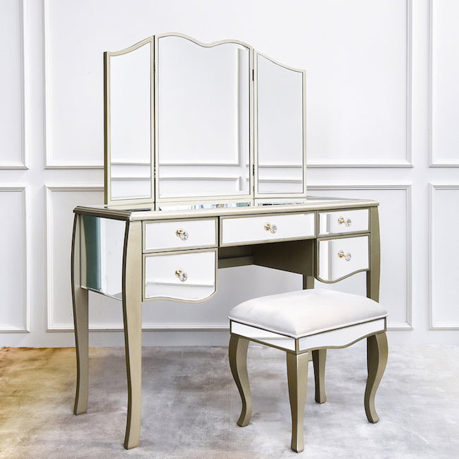 Marcella Mirrored Vanity Set 5 Drawer Dresser Table Stool