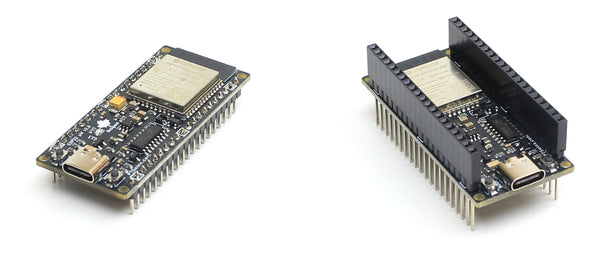 Side-by-side comparison of PTSolns ESP32 microWatt development board assembled with standard male headers (left) and stacking female headers (right), demonstrating versatile header options for IoT prototyping and expansion