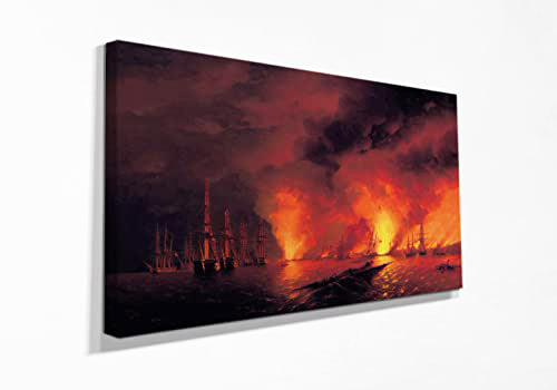 Battle Ship on Fire Painting Canvas Print Home Wall Decoration