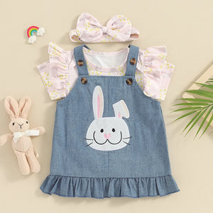 Short Sleeve Rabbit Romper Denim Overall - BabiesWuvUs