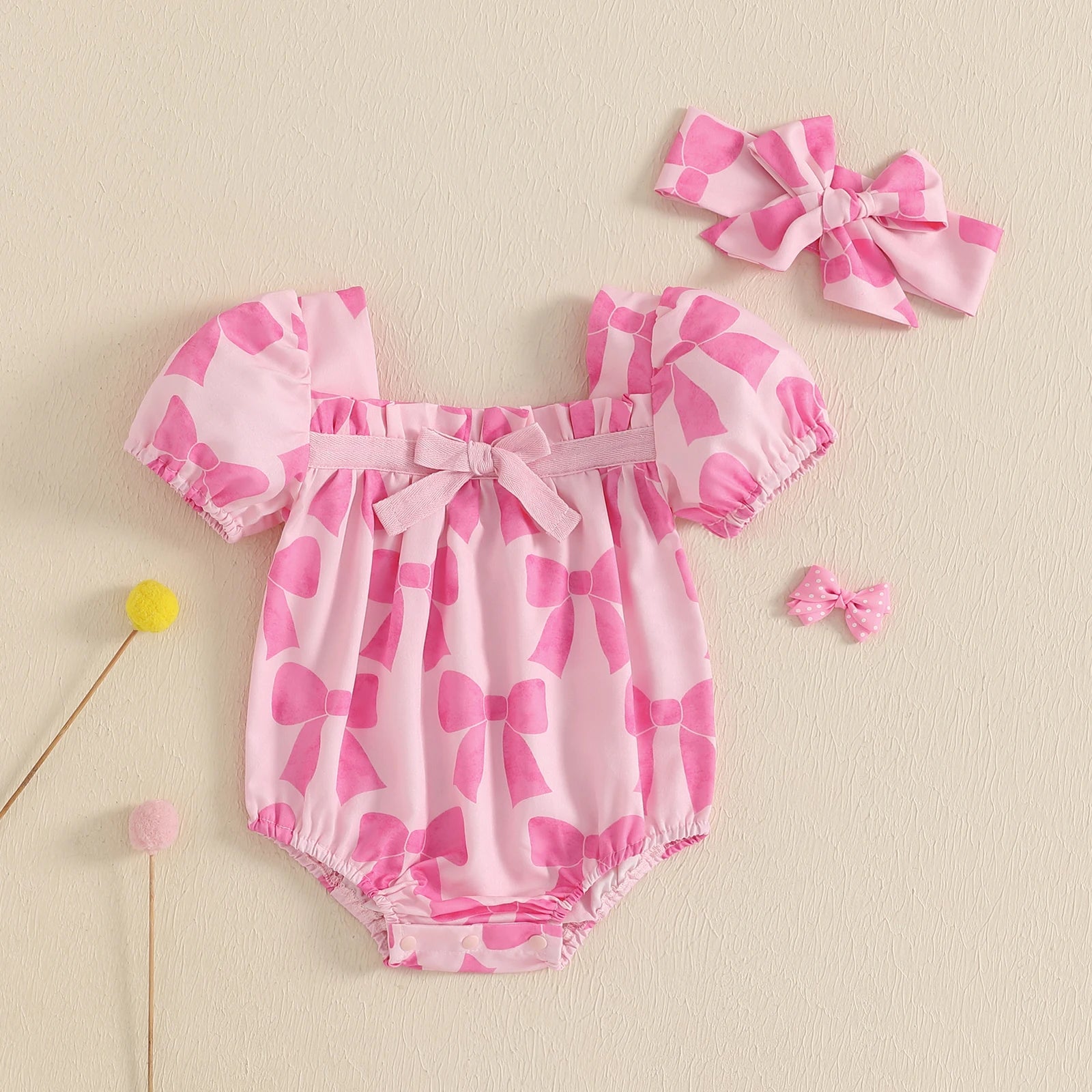 Bow Print Short Sleeve Romper with Headband