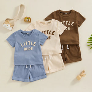 Fuzzy Letter Waffle Short Sleeve T-Shirts Tops Elastic Waist Shorts Set Outfit - BabiesWuvUs