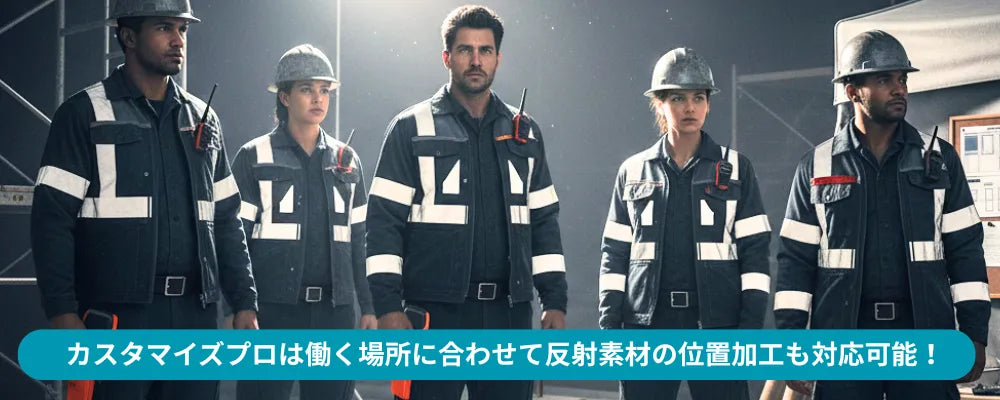 反射素材がつけられた作業着を着ている人たちの画像