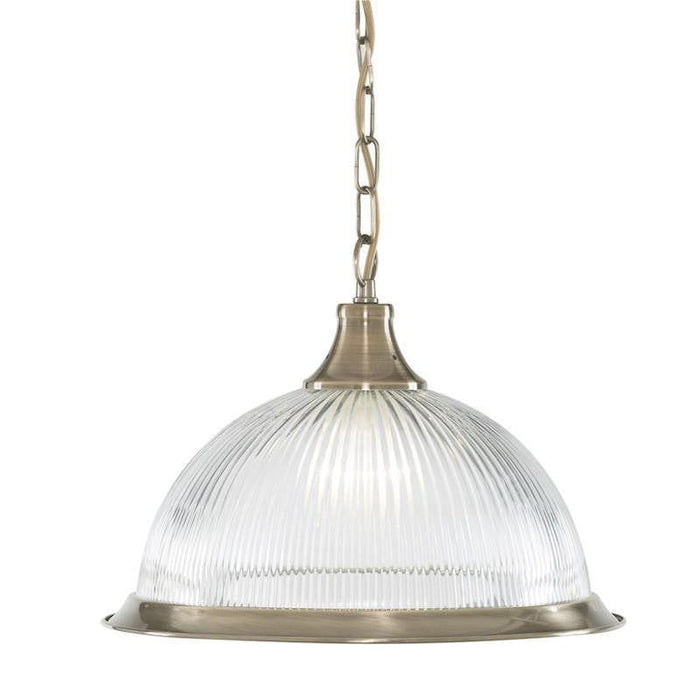 Searchlight American Diner Antique Brass Finish And Clear Ribbed Glass Pendant Ceiling Light By