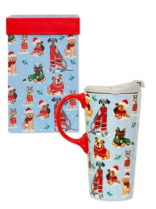 Xmas Ceramic Travel Mug Christmas Puppies gift Boxed