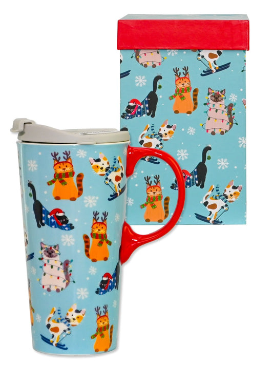 Xmas Ceramic Travel Mug Christmas Meowy Cats gift Boxed