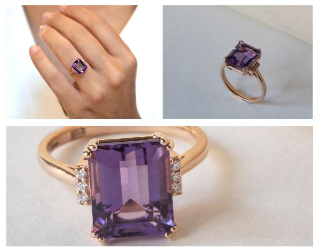 anillo con amatista talla esmeralda y diamantes talla brillante