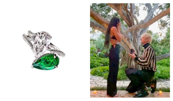 tendencias joyeria: anillos compromiso megan fox con un diamante y una esmeralda talla pera