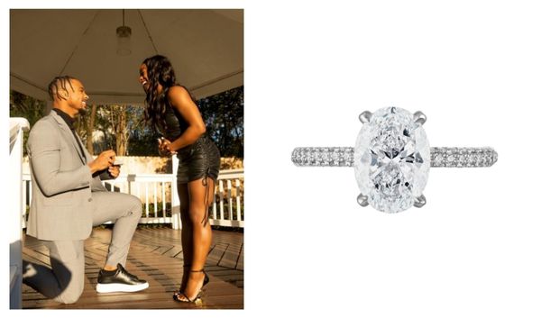 tendencias en joyería: anillo compromiso Simone Biles con diamante talla oval