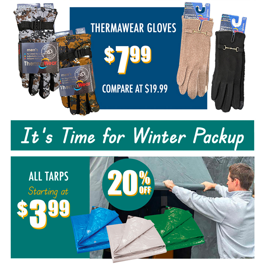 THERMWEAR GLOVES €7.99,  ALL TARPS 20% OFF STARTING AT €3.99 