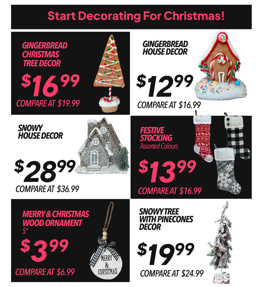START DECORATING FOR CHRISTMAS! GINGERBREAD CHRISTMAS TREE DECOR €16.99, GINGERBREAD HOUSE DECOR €12.99.SNOWY HOUSE DECOR €28.99 FESTIVE STOCKING €13.99, MERRY & CHRISTMAS WOOD ORNAMENT €3.99, SNOWY TREE WITH PINECONES DECOR €19.99