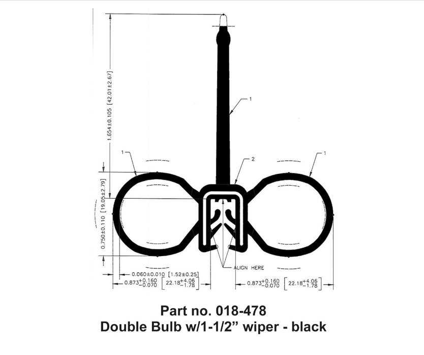 Double Bulb, w/1-1/2″ wiper, Slide on clip, 2″ x 2-1/4″ x 28′ #018-478