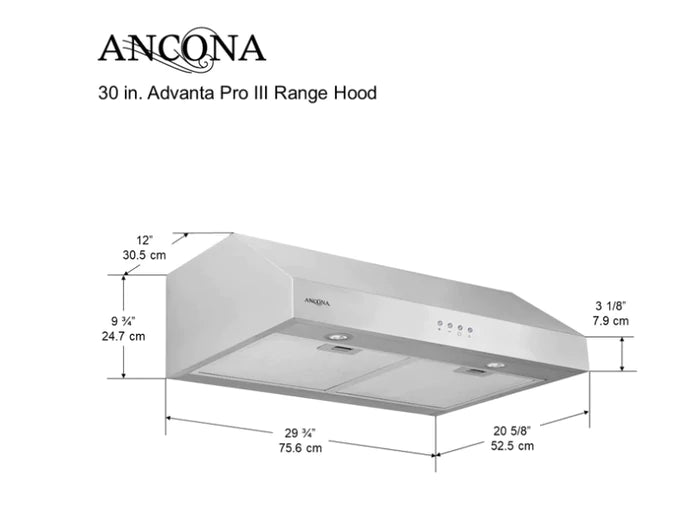 Ancona AN0112-3004 Advanta Pro III 30" 450 CFM Under Cabinet Range Hood