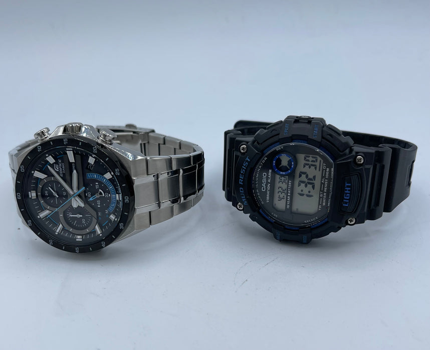 Men's Casio Watch *2 pack* Casio Men's EQB-501XD-1ACF Edifice Connected Analog Display Quartz Silver Watch, Silver, Chronograph and Casio Men's TRT-110H-2AVCF Mud Resistant Digital Display Quartz Black Watch