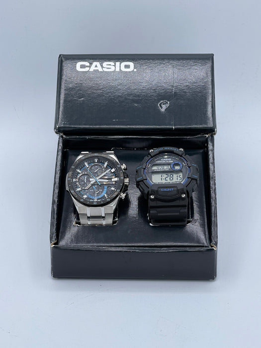 Men's Casio Watch *2 pack* Casio Men's EQB-501XD-1ACF Edifice Connected Analog Display Quartz Silver Watch, Silver, Chronograph and Casio Men's TRT-110H-2AVCF Mud Resistant Digital Display Quartz Black Watch