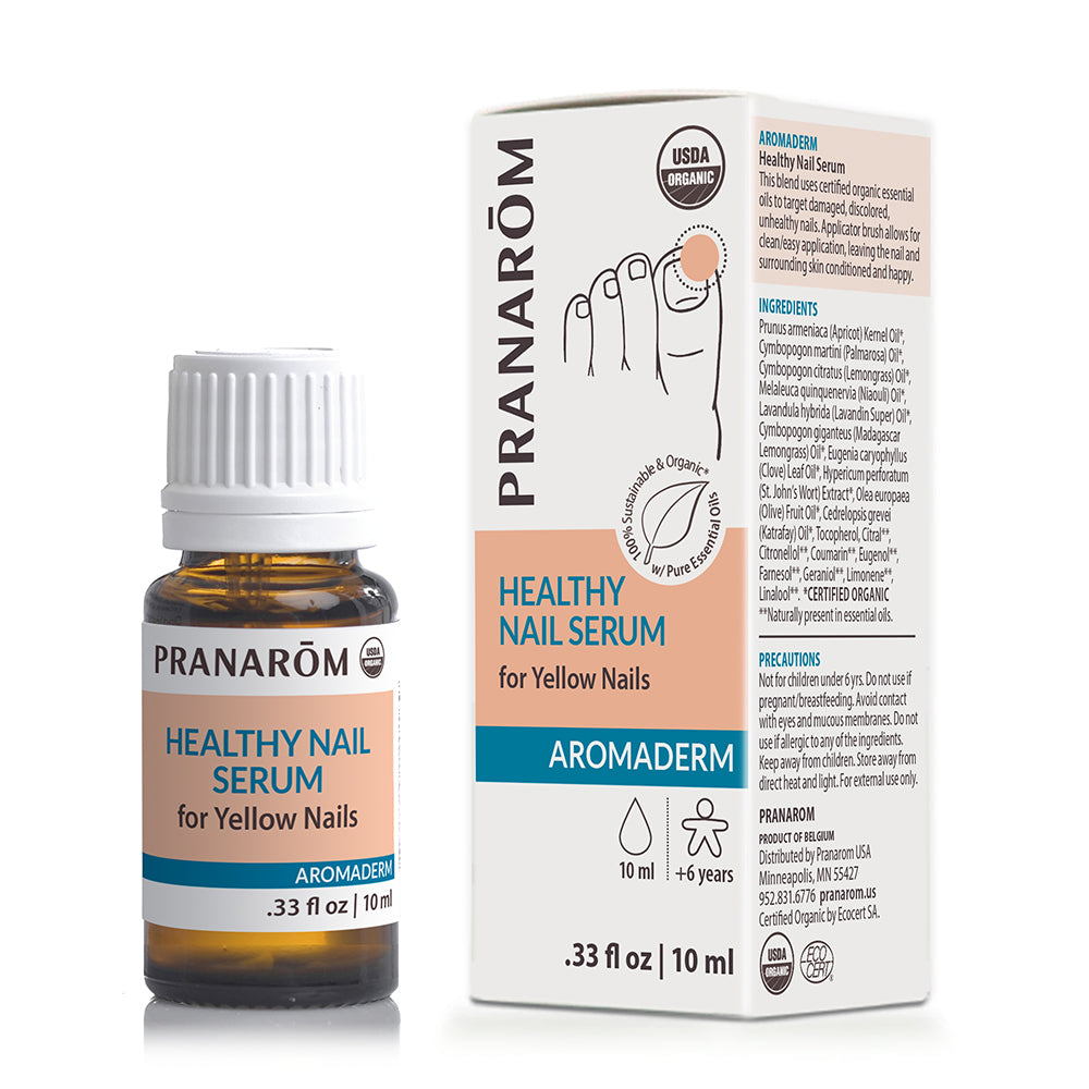 Pranarom Certified Organic Aromaderm Healthy Nail Serum bottle and box.