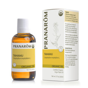 Bottle and package of Pranarom Certified Organic Tamanu Virgin Plant Oil on a plain background.