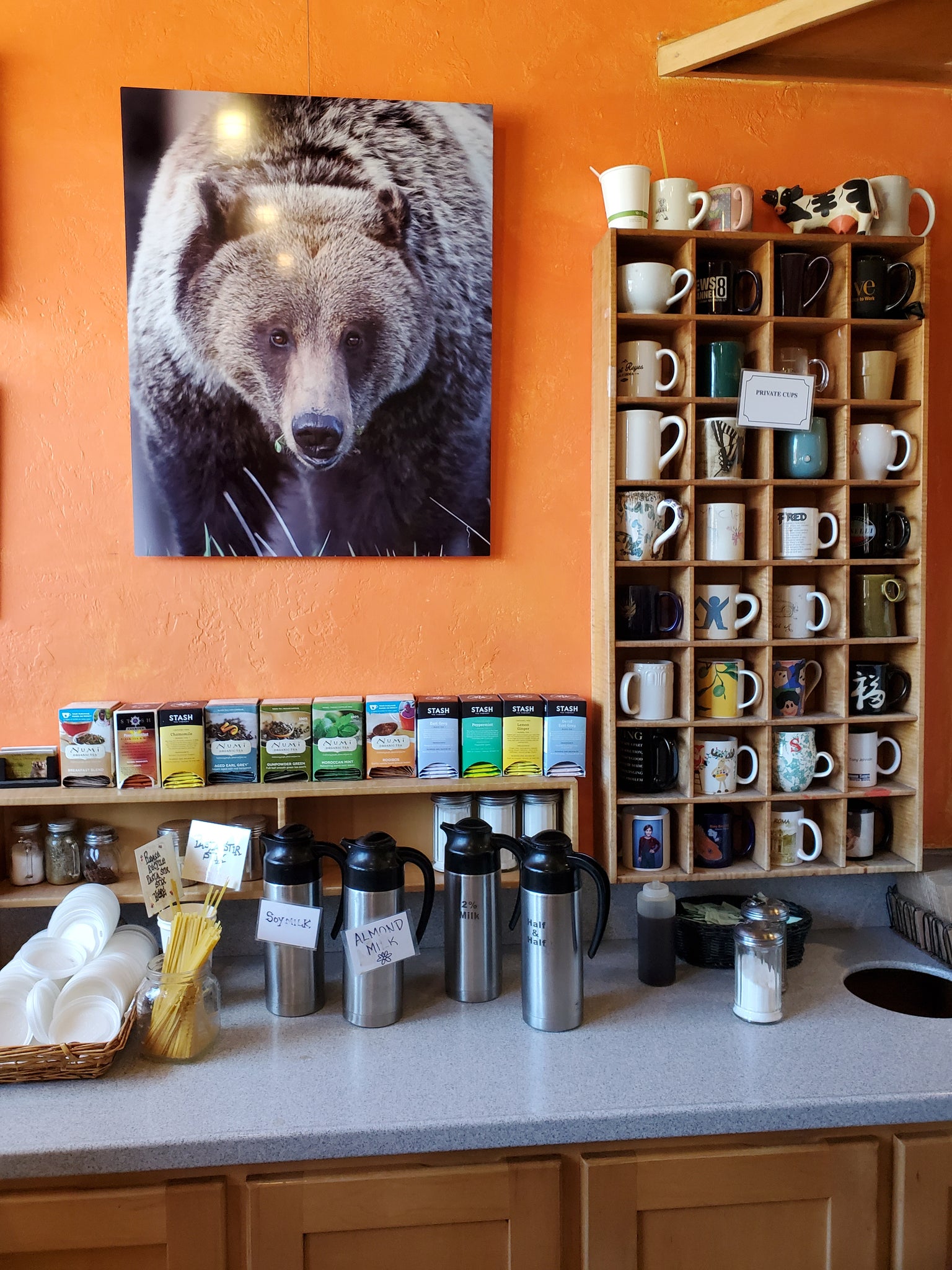 Coffee station and mug wall at Bovine Bakery