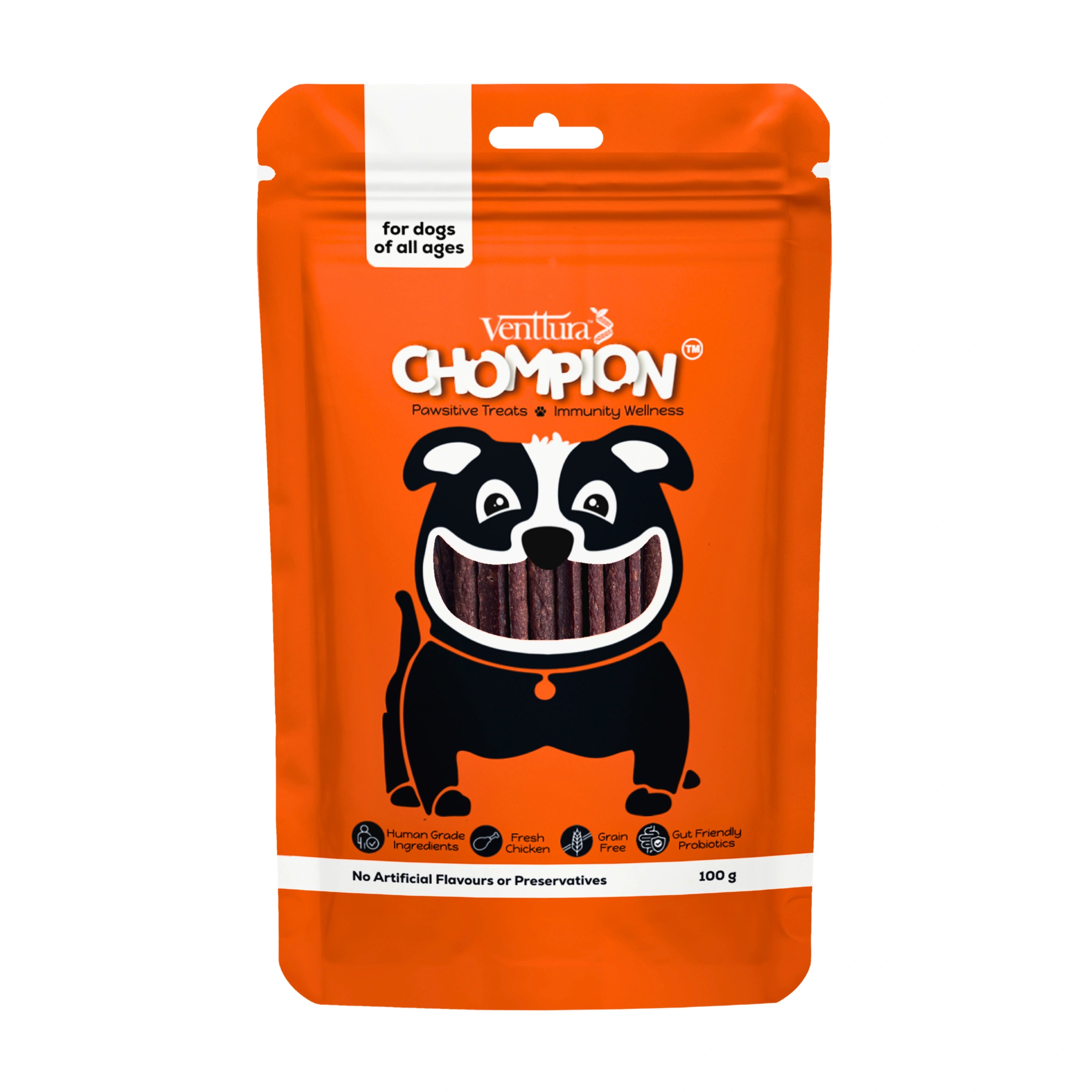 Orange-packaged Chompion dog treats, featuring prebiotics and probiotics for digestive health and energy support for dogs, best dog food in india