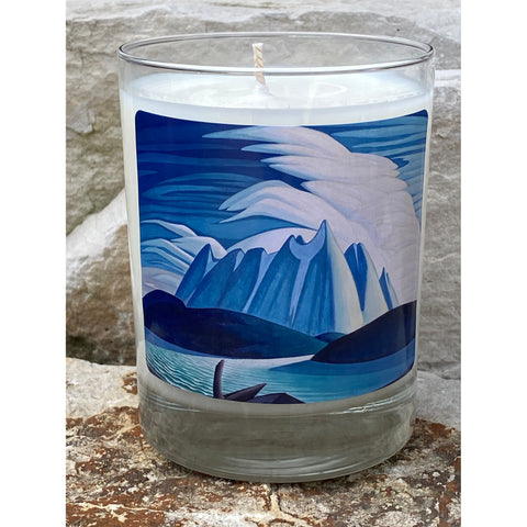 Artist Lawren S. Harris Beautiful Lake & Mountains painting blues and whites on a candle jar