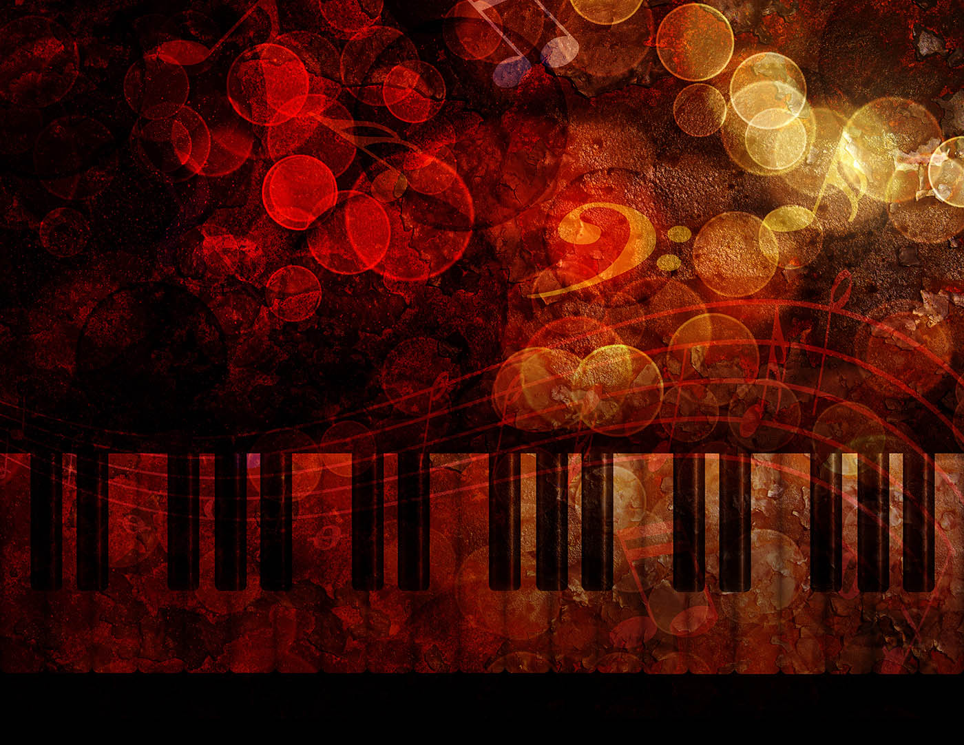 Piano with red bubble background 