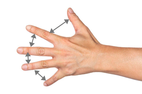 Wide open hand with arrows between fingers