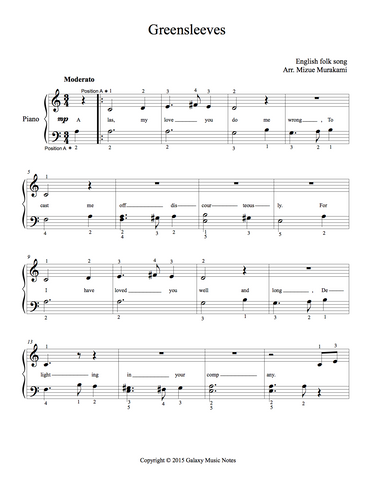 Greensleeves | Very easy piano sheet music - Galaxy Music Notes