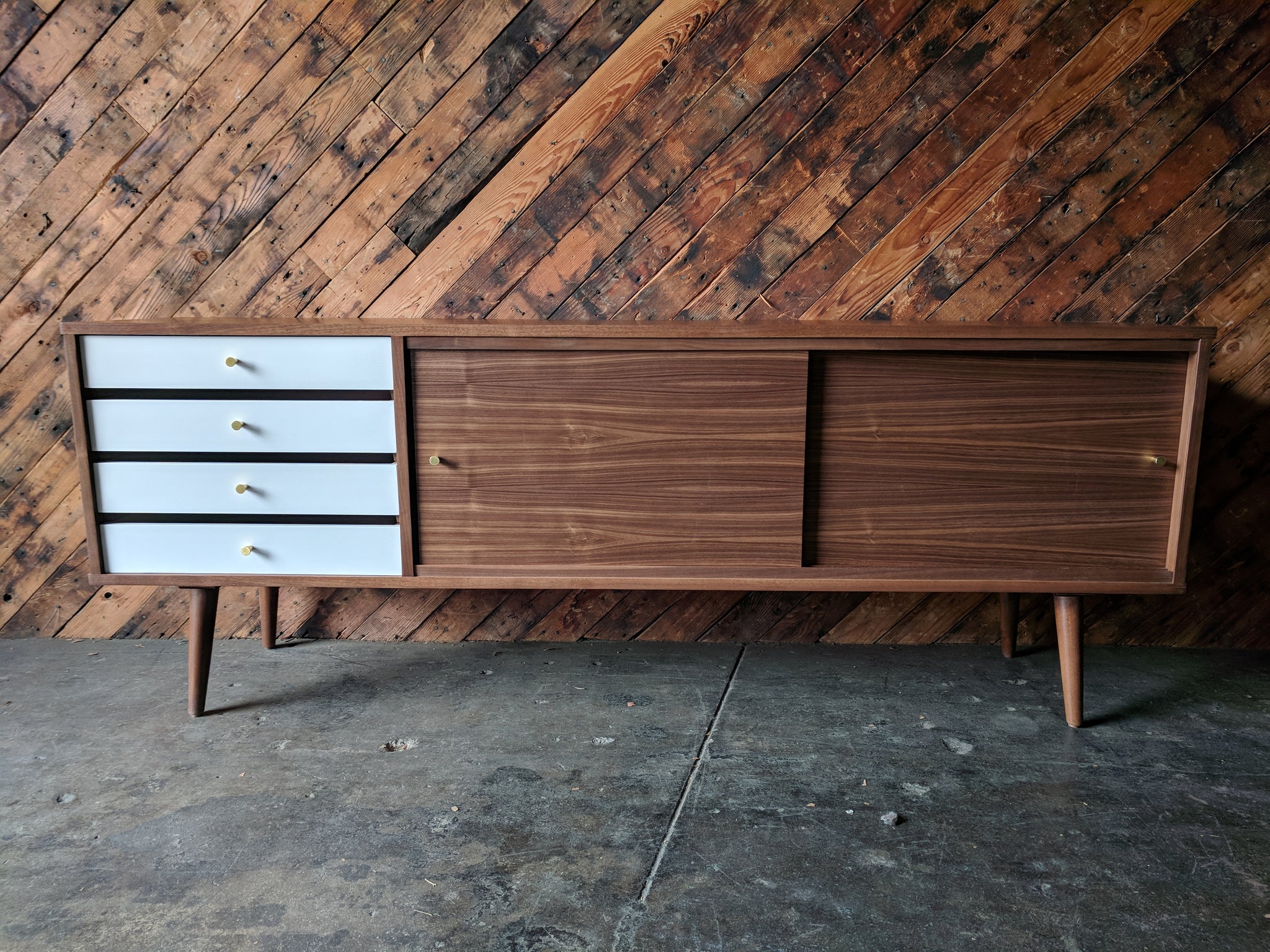 1 Mid Century Style Custom Credenza With 4 Painted Drawers Brass