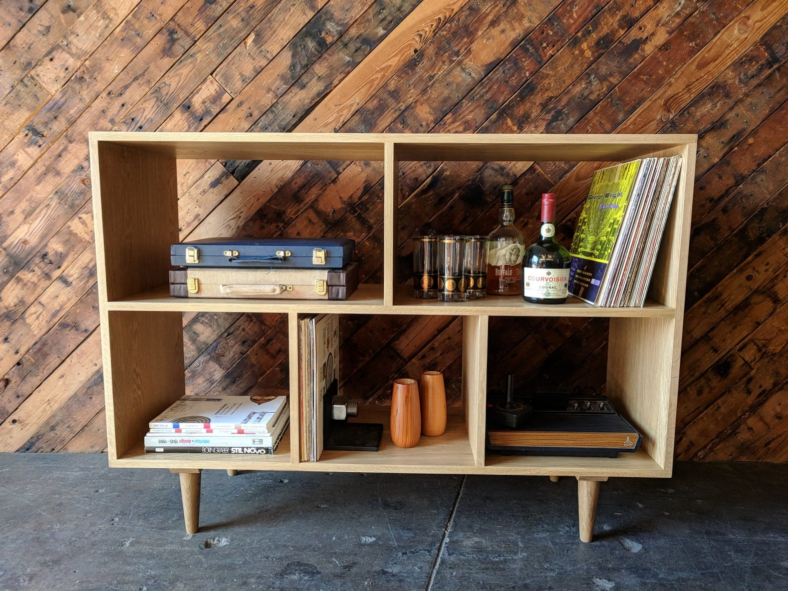 Custom Mid Century Style White Oak Book Record Shelf With 5 Bays