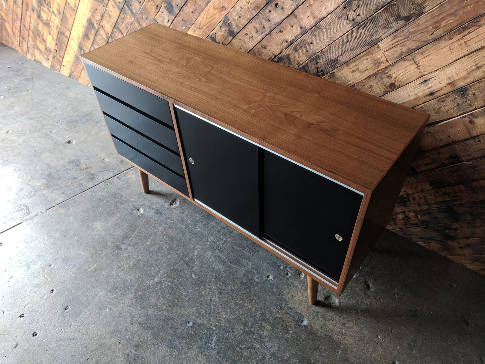 Mid Century Style Custom Small Credenza With 4 Drawers And Sliding