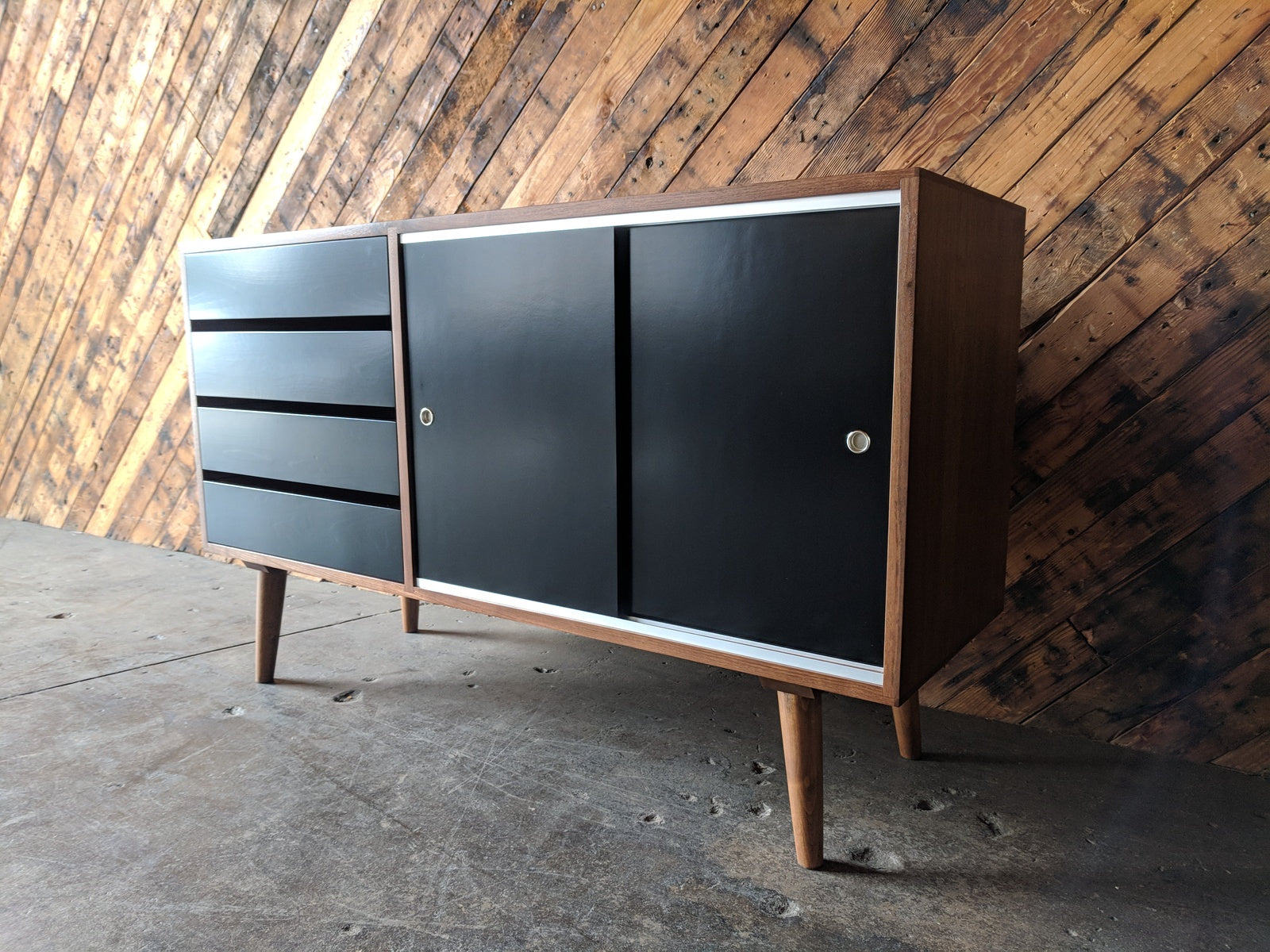 Mid Century Style Custom Small Credenza With 4 Drawers And Sliding