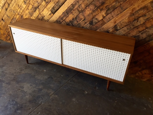 Mid Century Style Custom Walnut Perforated Door Credenza 3 Bays