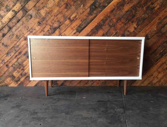 Custom Mid Century Style White Lacquer Walnut Credenza The Hunt