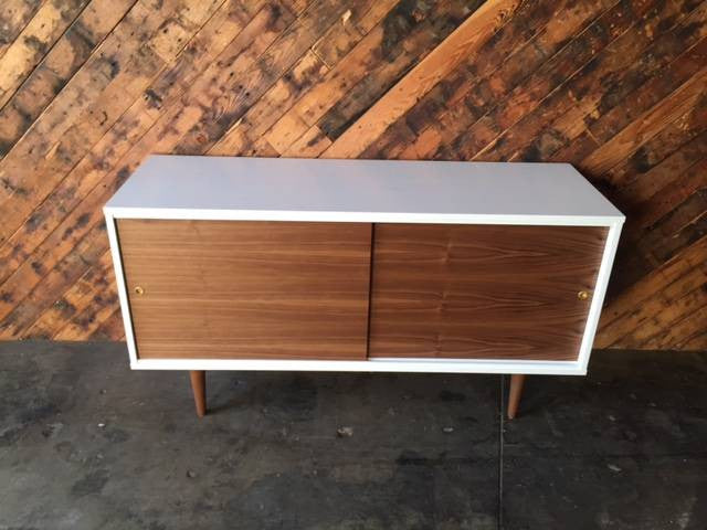 Custom Mid Century Style White Lacquer Walnut Credenza The Hunt