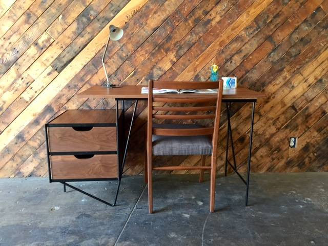Custom Mid Century Style Walnut Wrought Iron Desk The Hunt Vintage