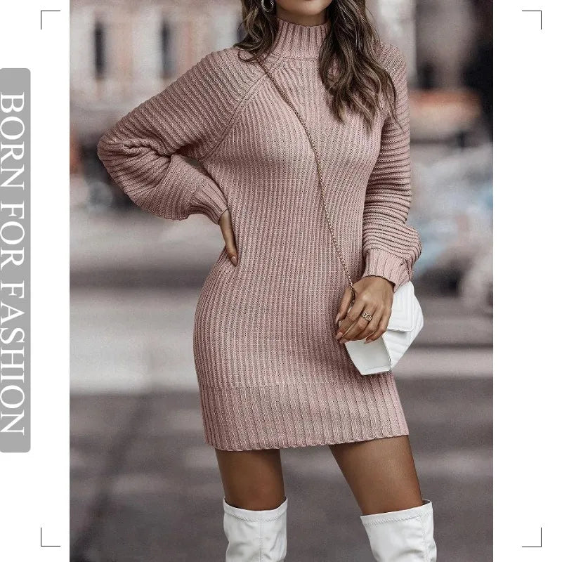 Turtleneck Lantern Long Sleeve Mini Sweater Dress