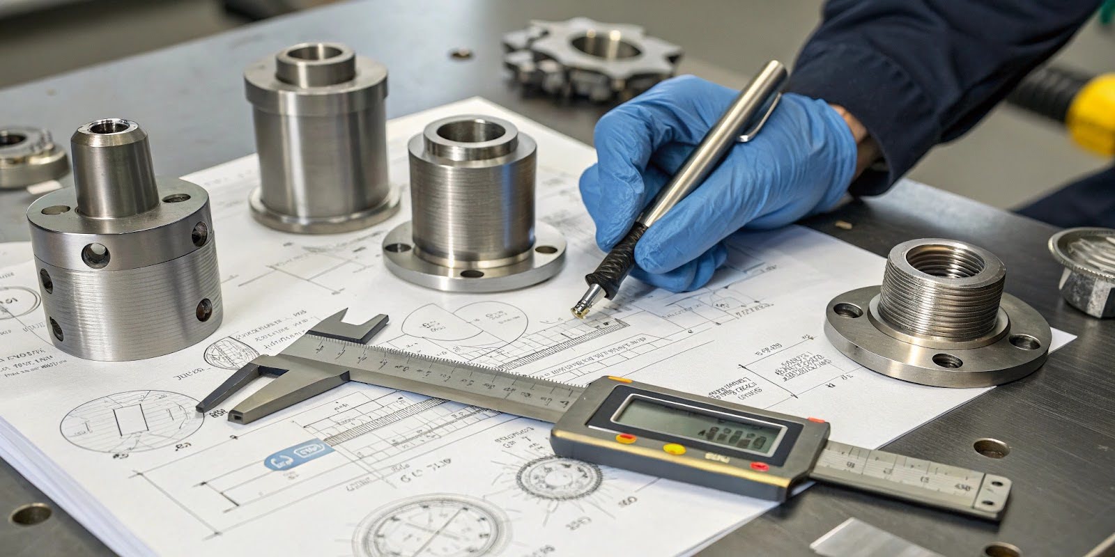 An engineer in blue gloves reviews technical schematics for custom industrial components. On the table are finished metal parts, a digital caliper for precise measurement, and blueprints.